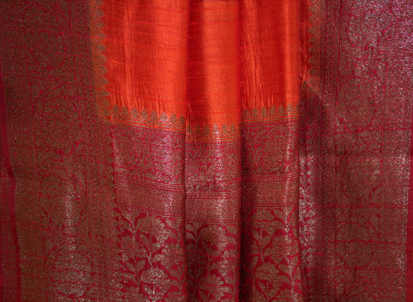 Orange and Red Pure Banarasi Raw Tussar Silk Saree
