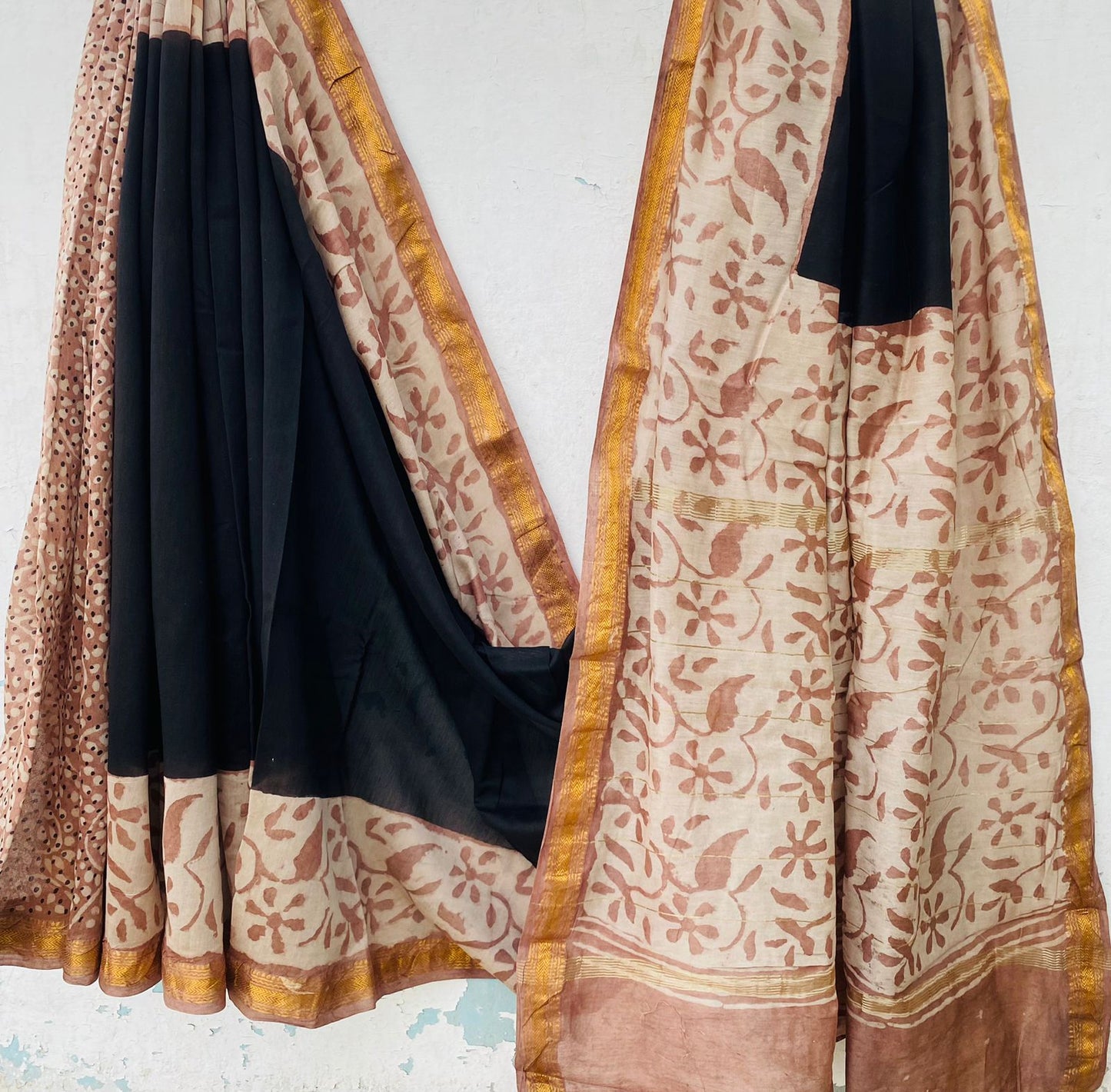 Maheshwari cotton Black saree with hand block printed zari border and contrast blouse
