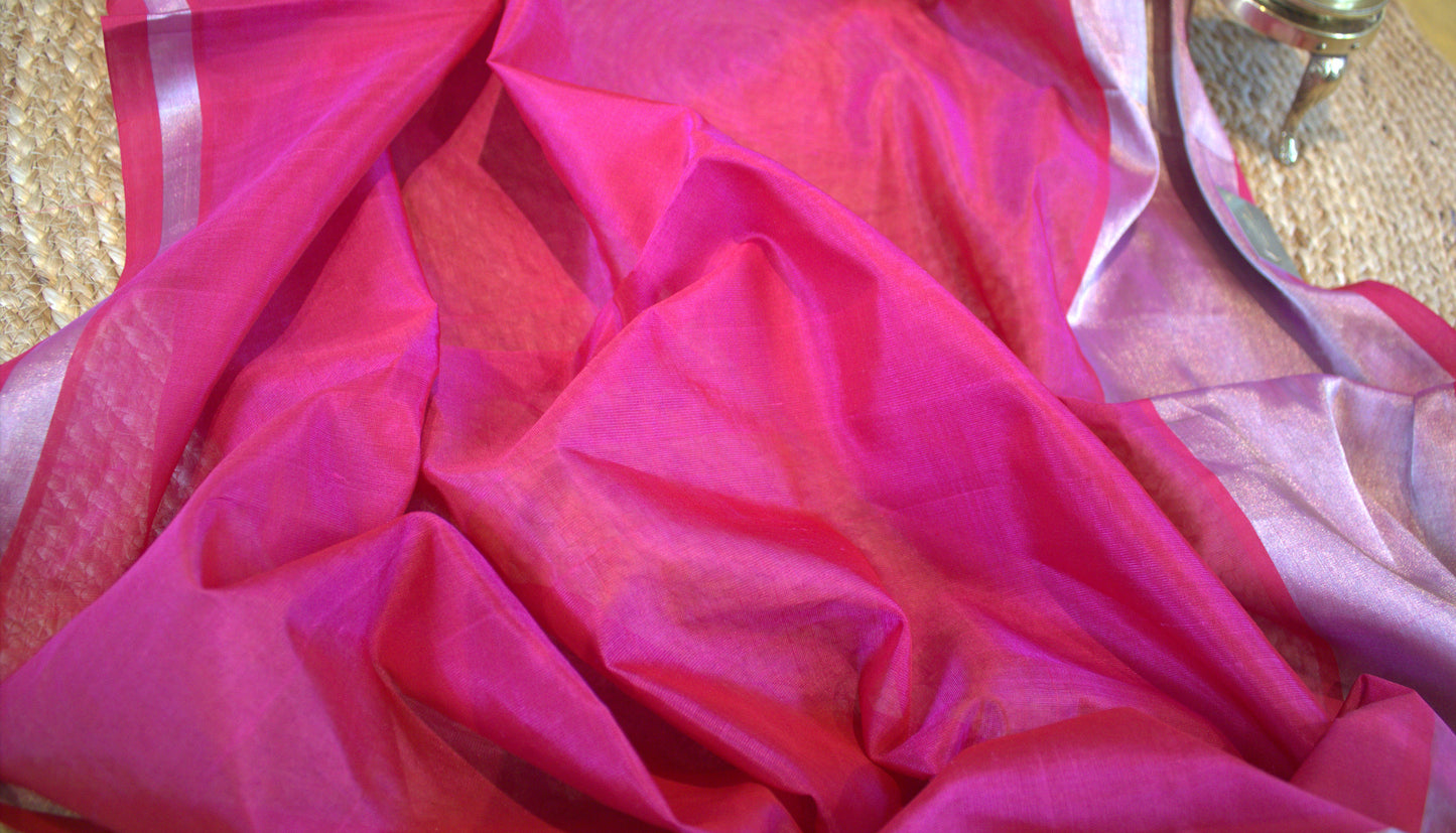Pure Mangalgiri Pink silk cotton with butti border and running blouse