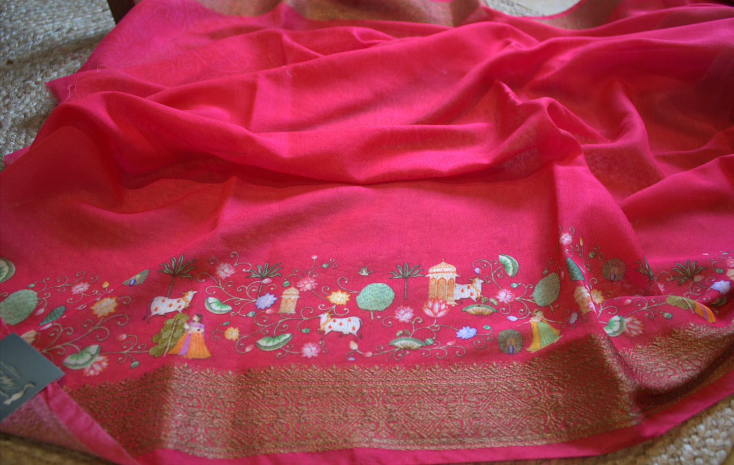 Chanderi Viscose Blue saree with Overall Pichwai print and contrast blouse