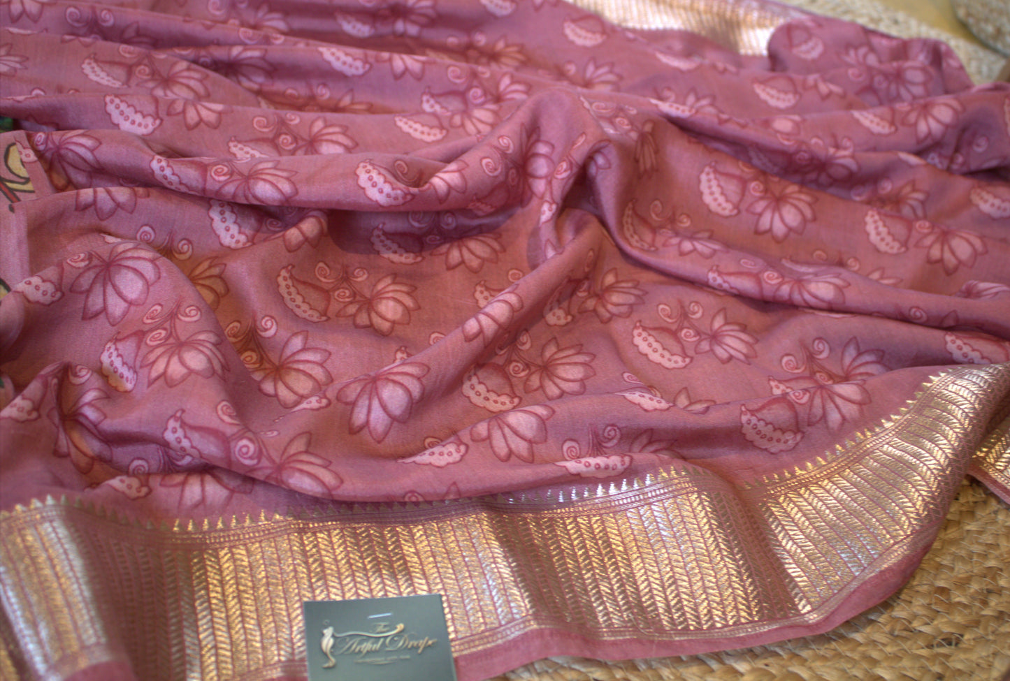 Chanderi Assami print Pink saree with overall print and printed blouse