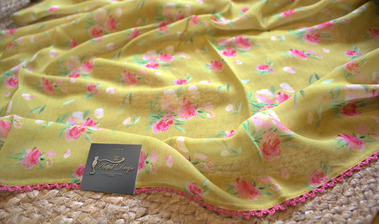 Pure Georgette Green saree with floral prints and attached printed blouse