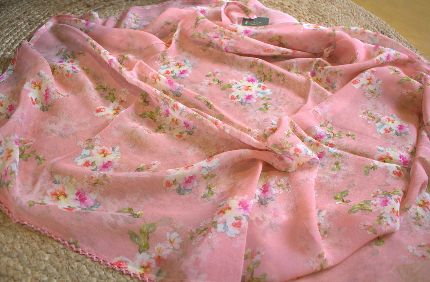 Pure Georgette Pink saree with floral print and printed blouse