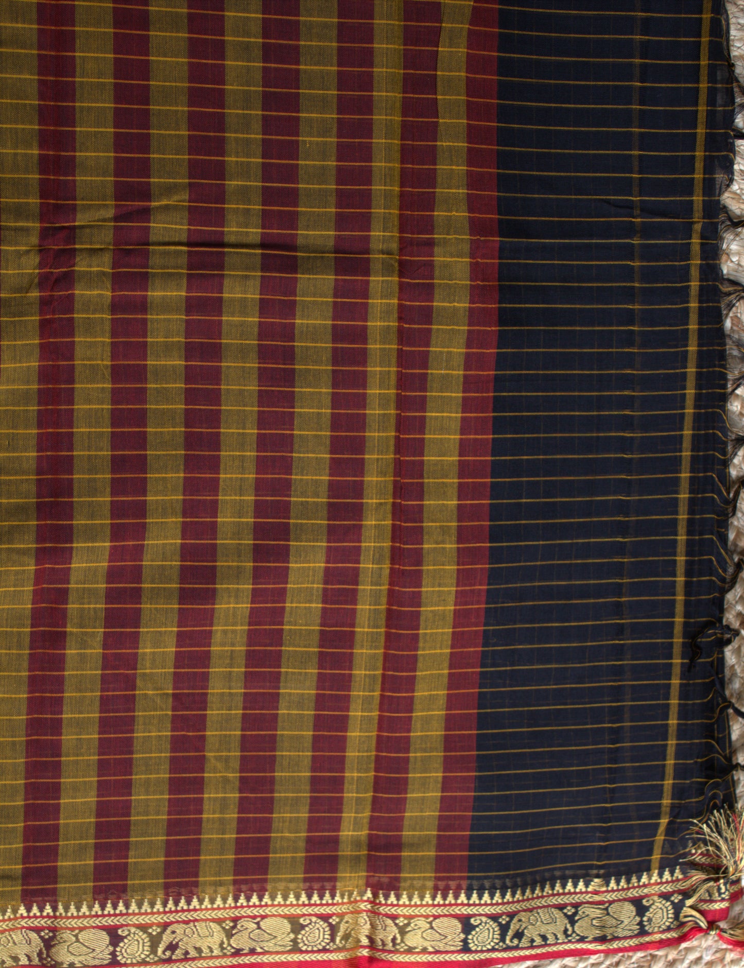 Narayanpet cotton Black checks saree with Maroon elephant motifs border and running blouse