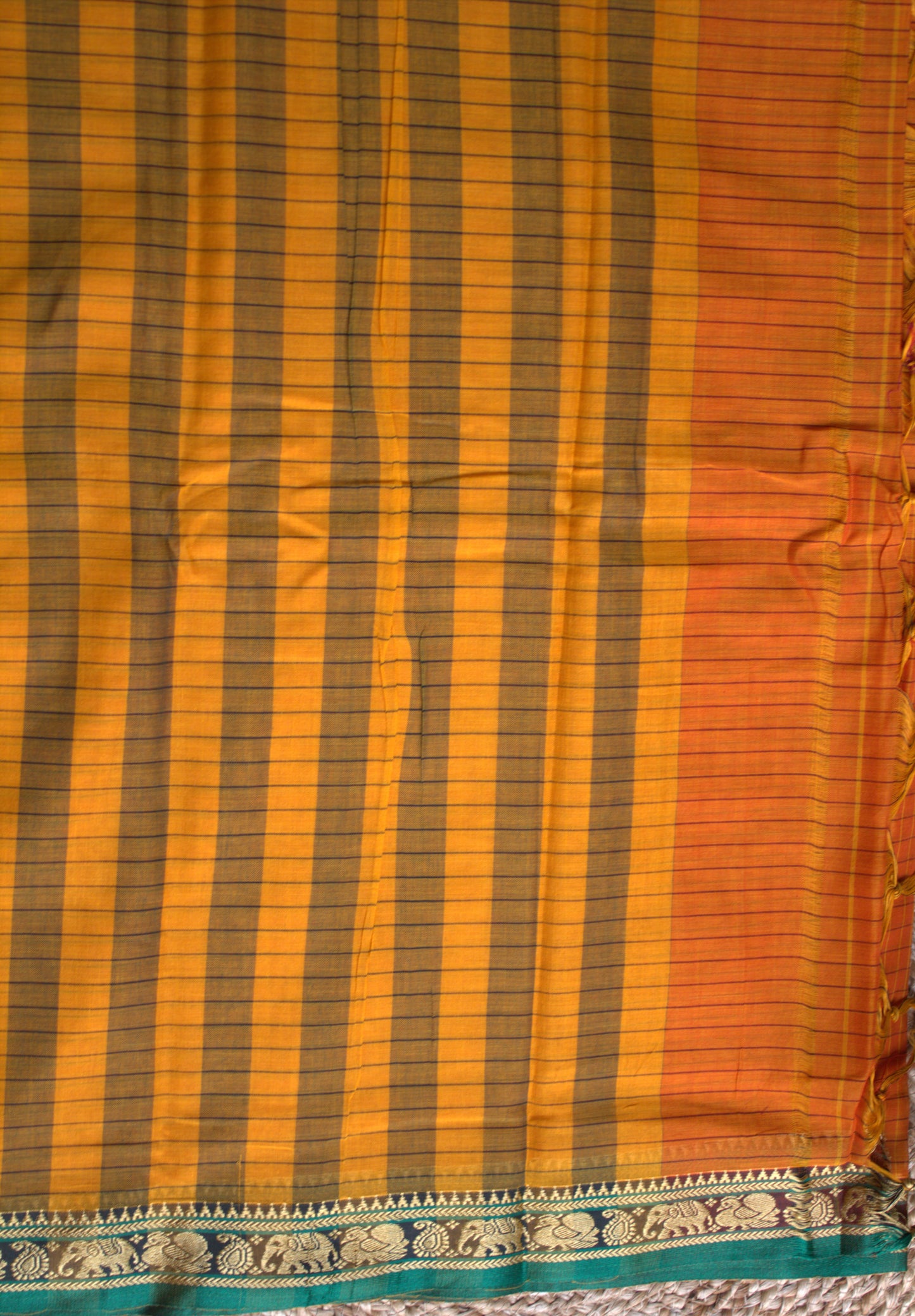 Narayanpet cotton Orange checks saree with Green elephant motifs border and running blouse