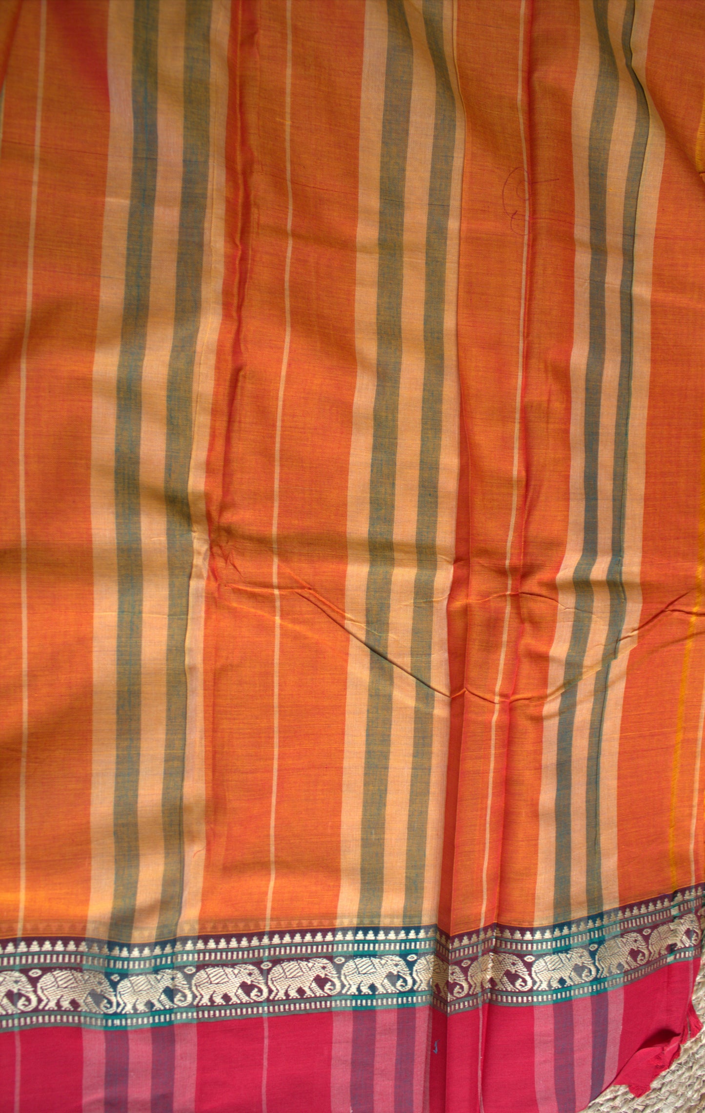 Narayanpet cotton Orange Saree with Red Elephant motifs border and running blouse