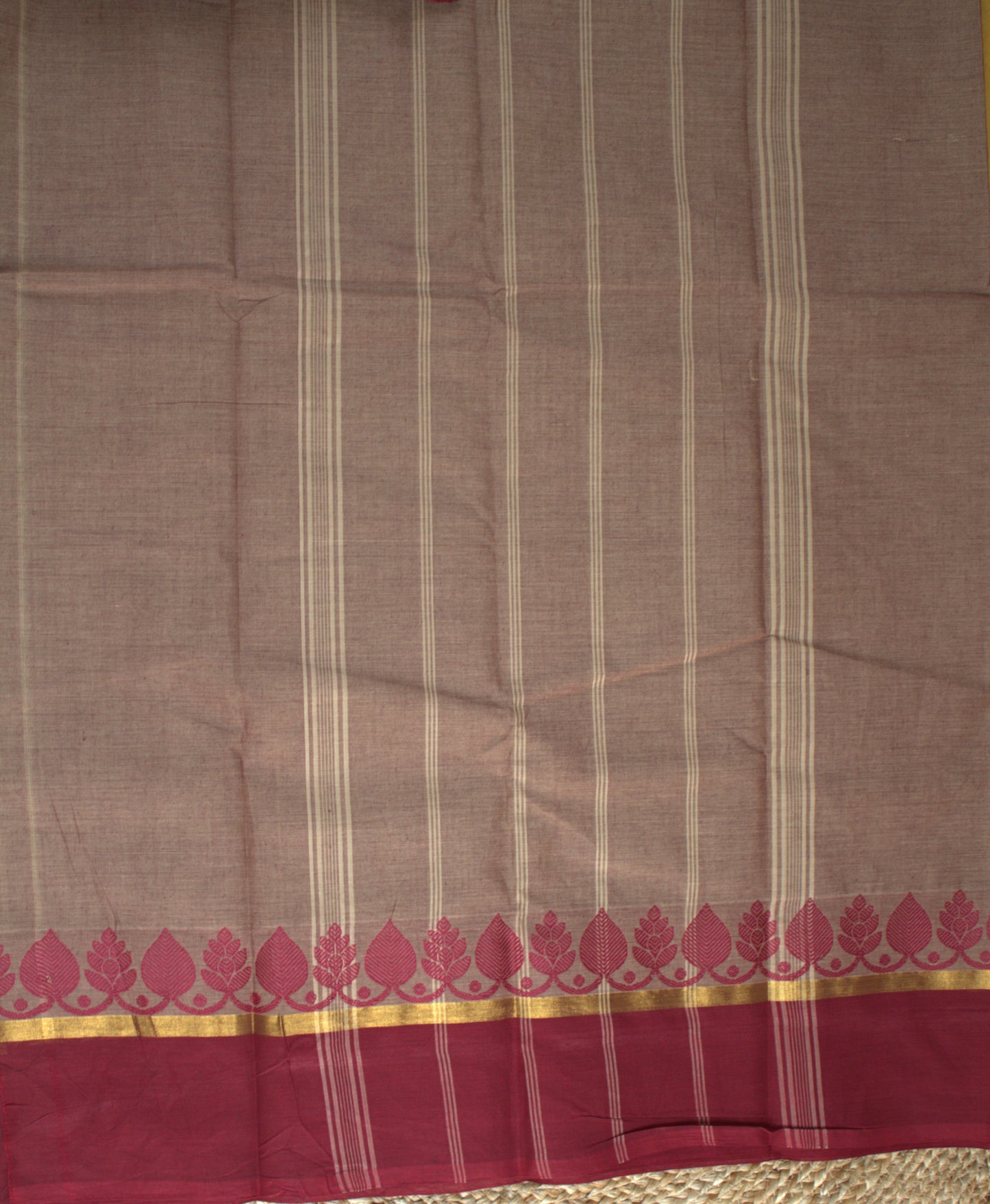 Chettinad cotton onion color saree with maroon border (without blouse)