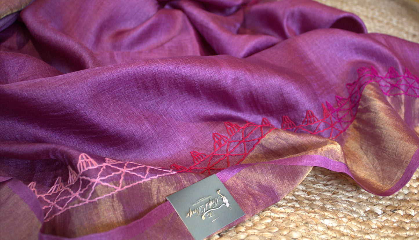 Pure Tussar silk Purple saree with Hand embroidery