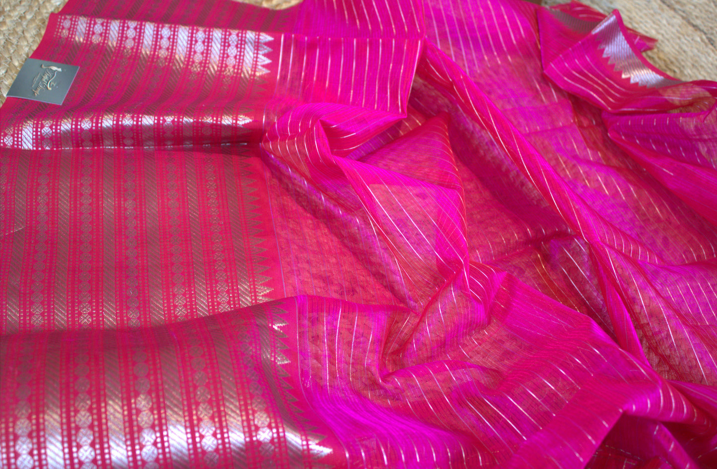 Mangalgiri Pink silk cotton saree with rudhraksha border and running blouse