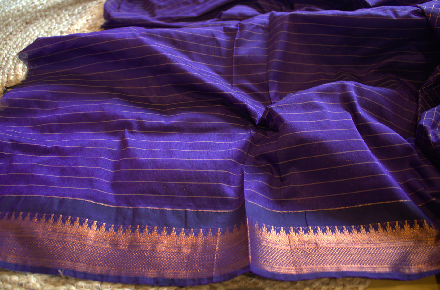 Kalyani cotton Blue saree with copper Zari border and running blouse
