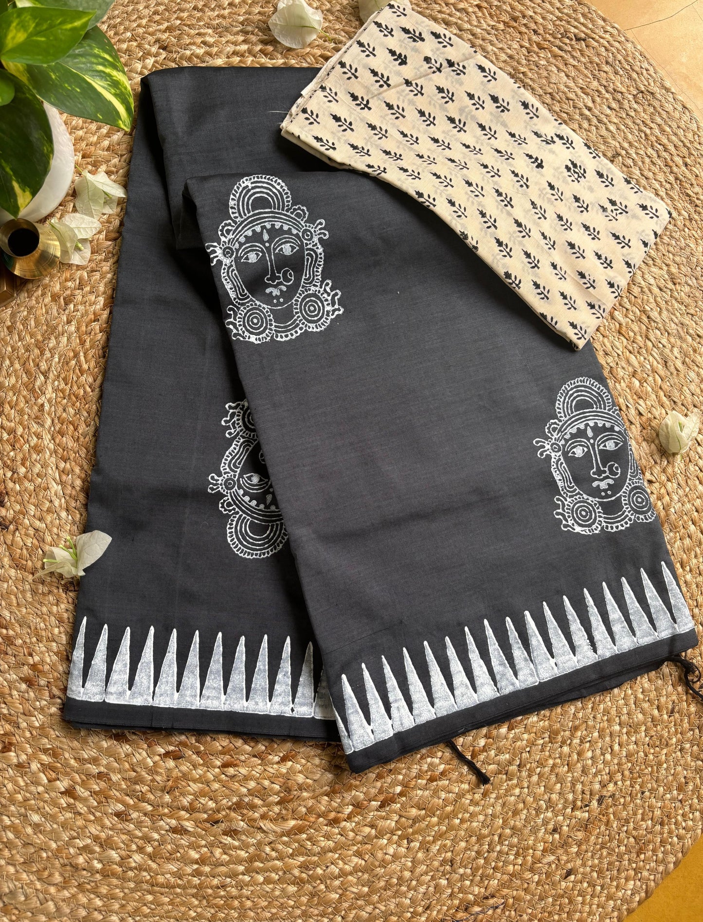 South cotton Dark grey saree with hand block print