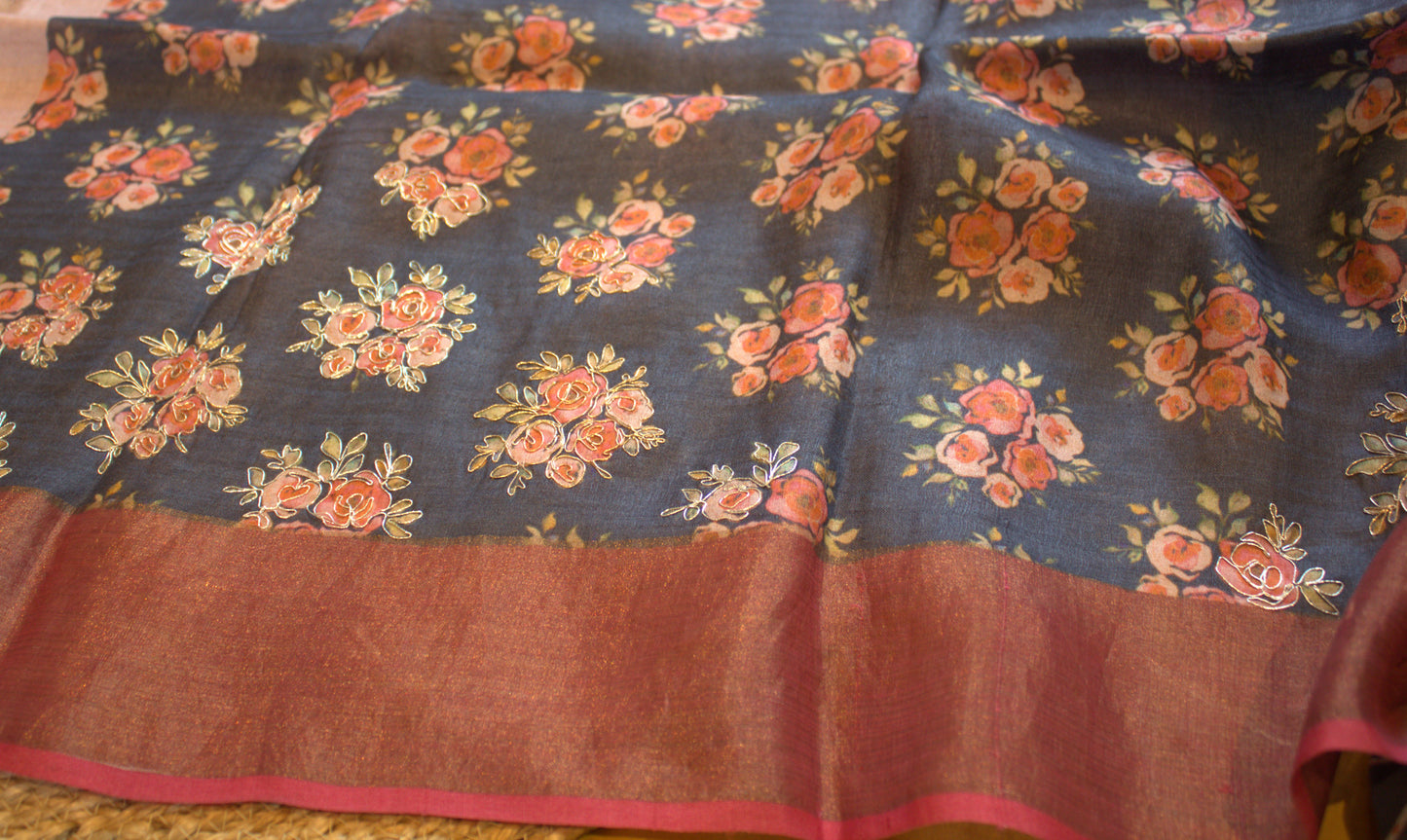 Pure Tussar silk Blue saree with Zari border