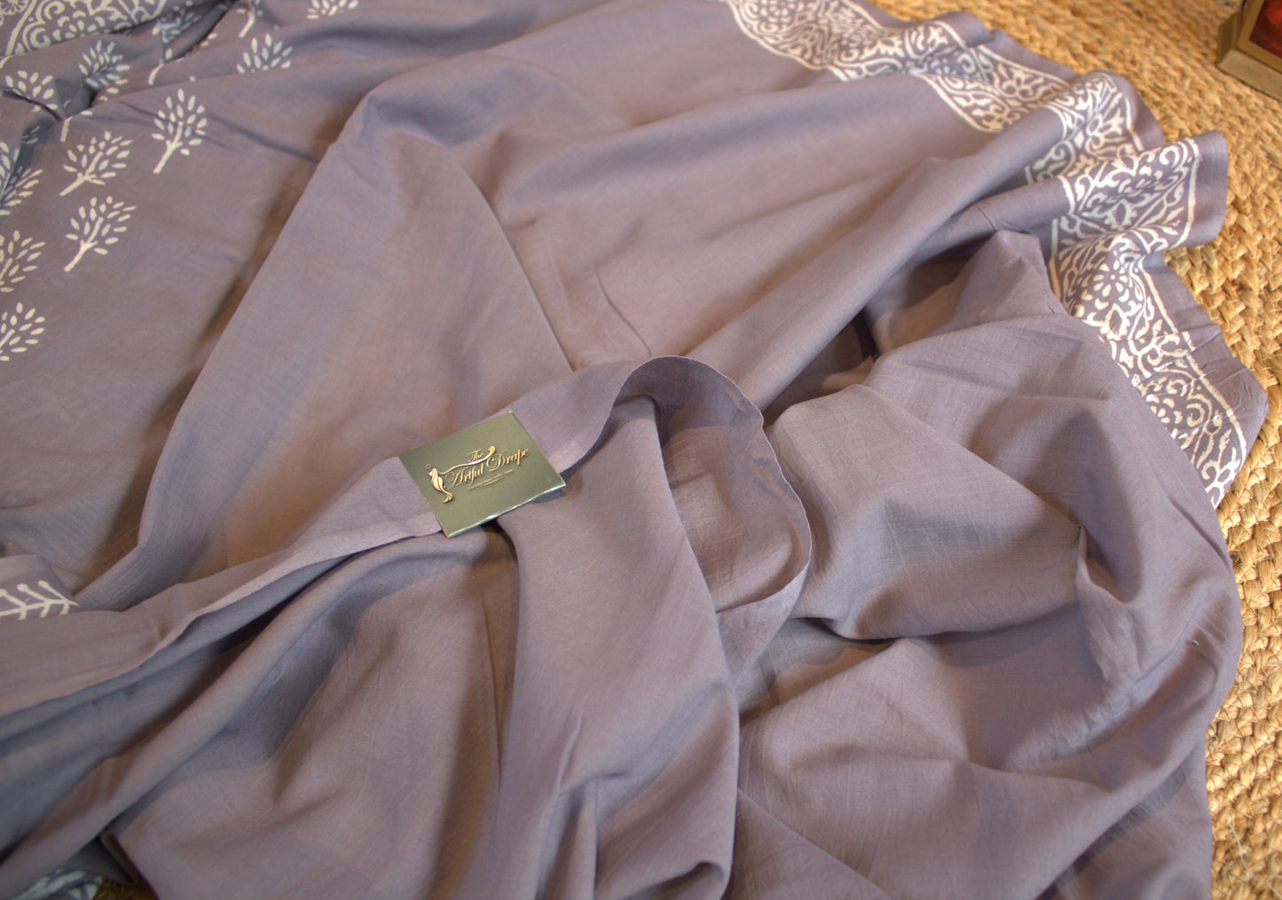 Mul cotton Grey Saree hand printed