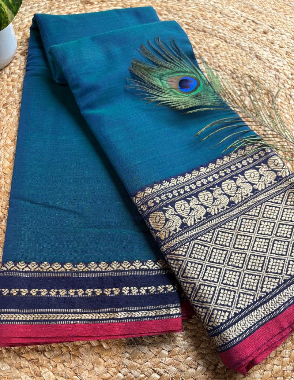 Narayanpet cotton Blue double shade saree with big border and running blouse