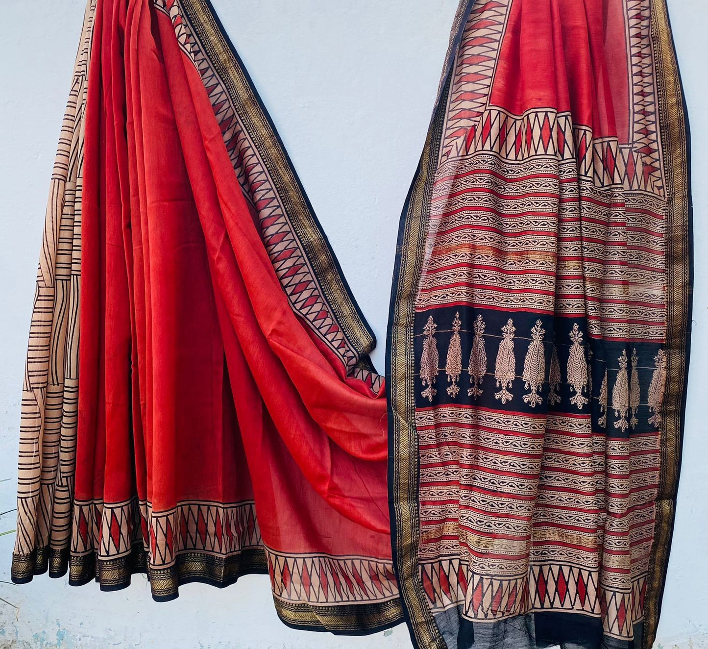 Maheshwari silk Red saree with hand block printed zari border and contast blouse