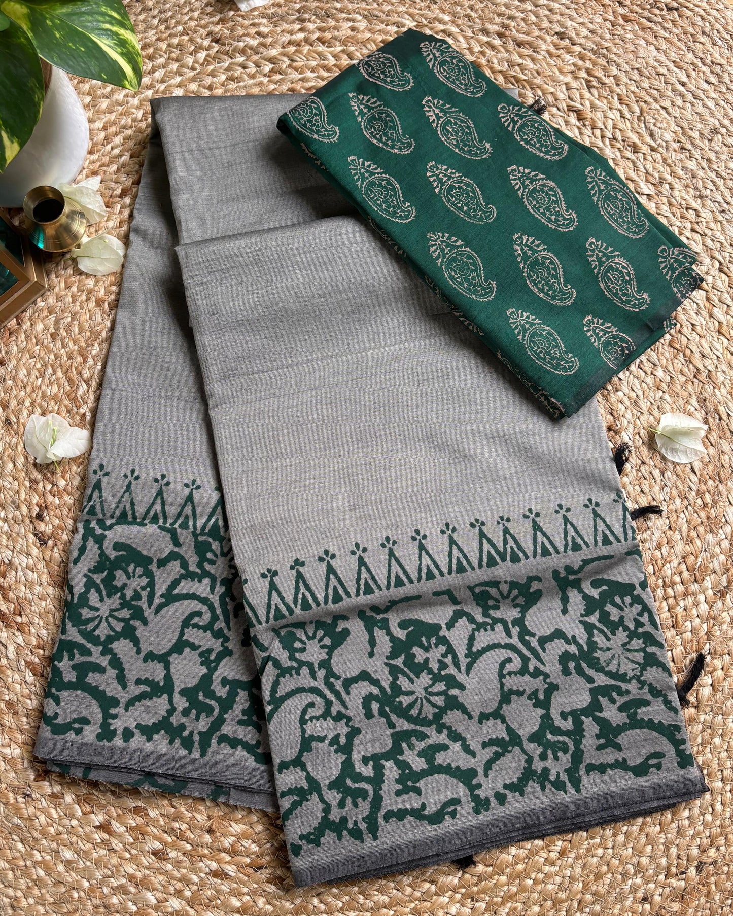 south cotton Grey saree with hand block print