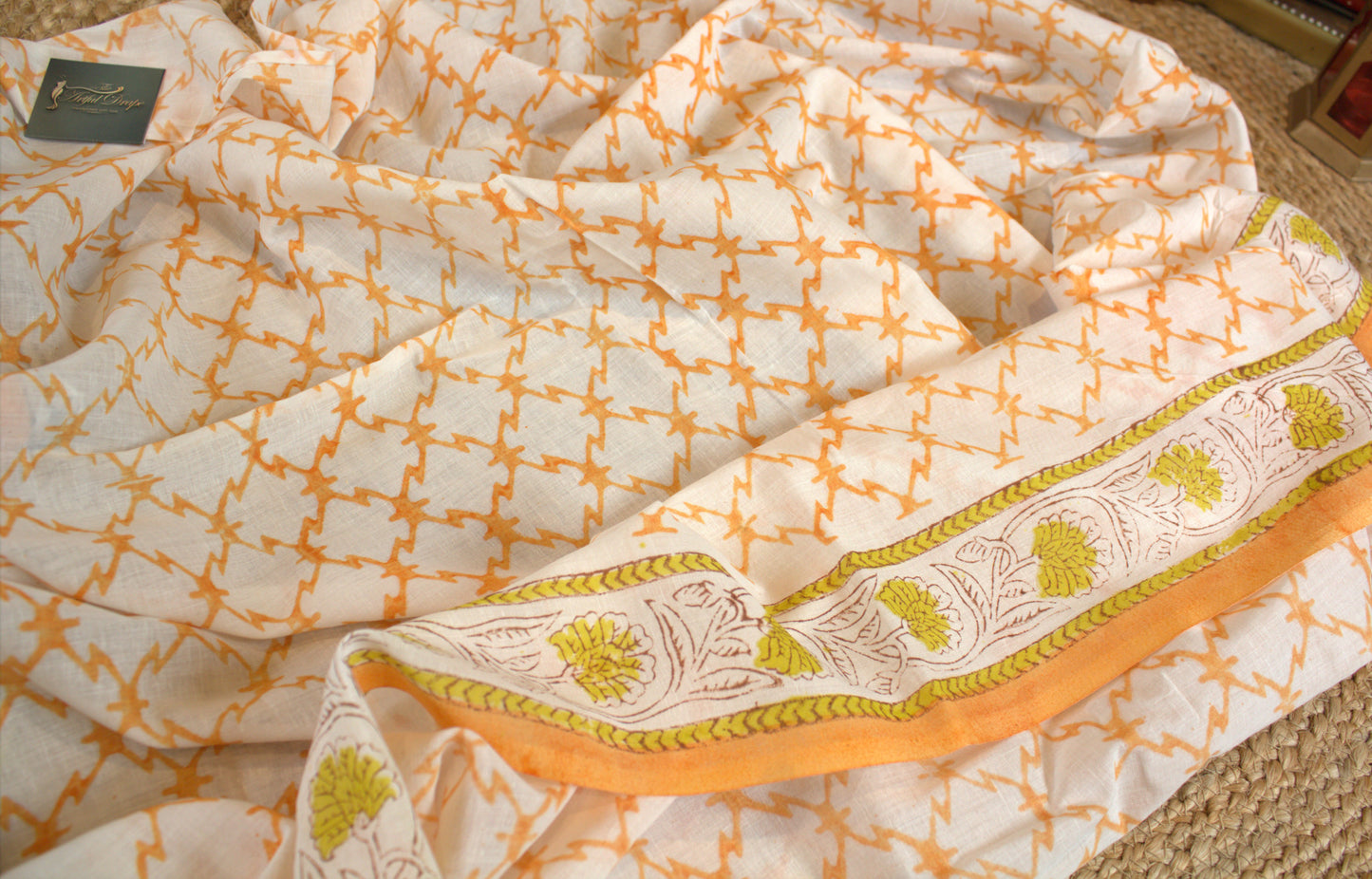 Mul cotton White Saree Hand printed