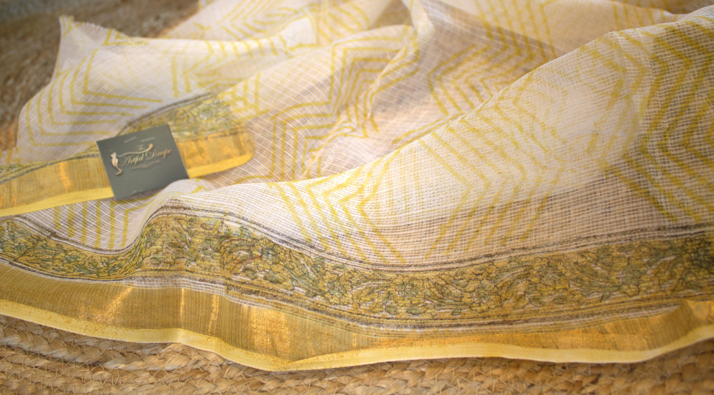 Kota White and Yellow saree with small zari border