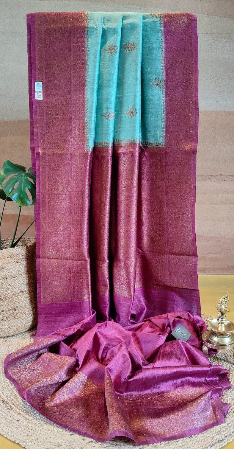 Sage and Wine Pure Banarasi Raw Tussar Silk Saree