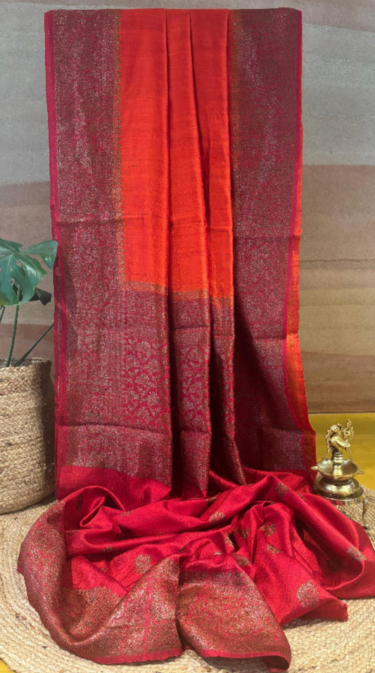 Orange and Red Pure Banarasi Raw Tussar Silk Saree