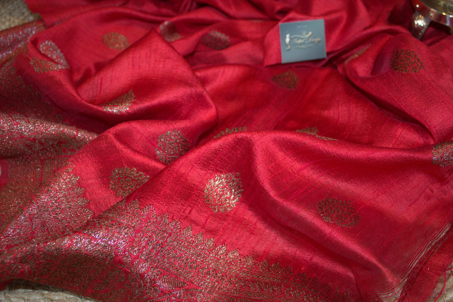 Orange and Red Pure Banarasi Raw Tussar Silk Saree
