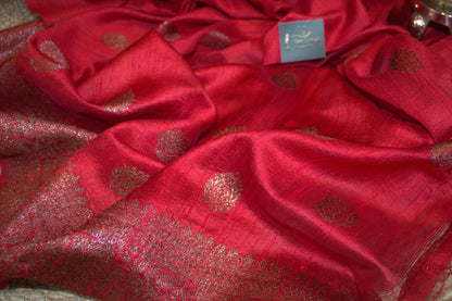 Orange and Red Pure Banarasi Raw Tussar Silk Saree