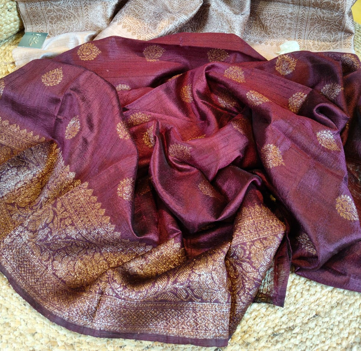 Onion and Dark Wine Pure Banarasi Raw Tussar Silk Saree