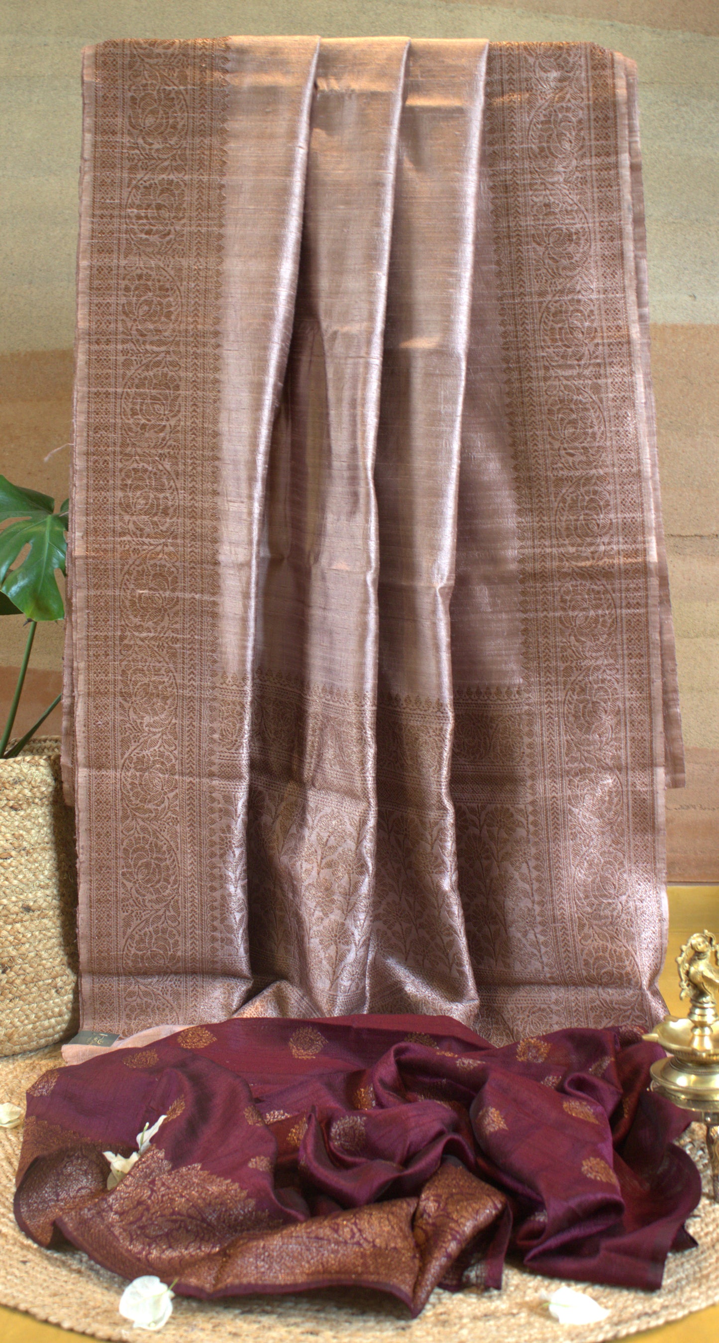 Onion and Dark Wine Pure Banarasi Raw Tussar Silk Saree