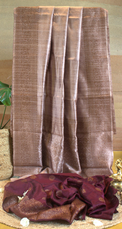 Onion and Dark Wine Pure Banarasi Raw Tussar Silk Saree
