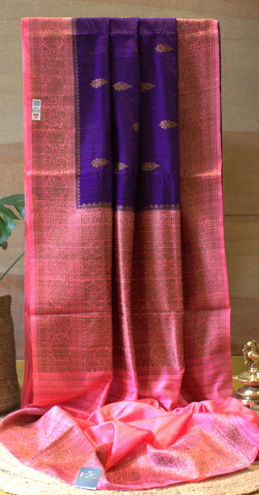 Purple and Peach Pure Banarasi Raw Tussar Silk Saree