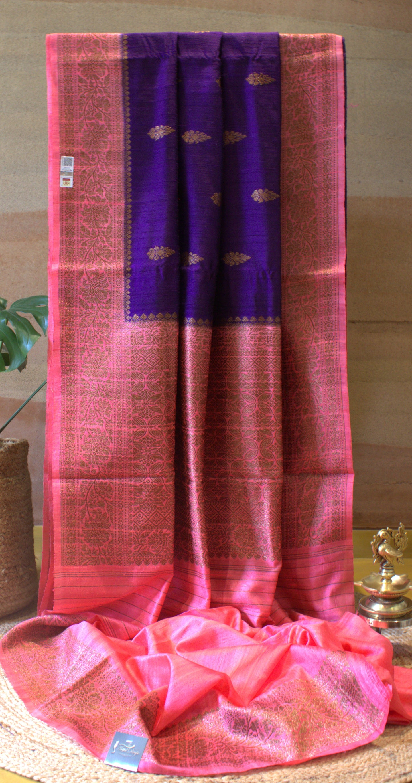 Purple and Peach Pure Banarasi Raw Tussar Silk Saree