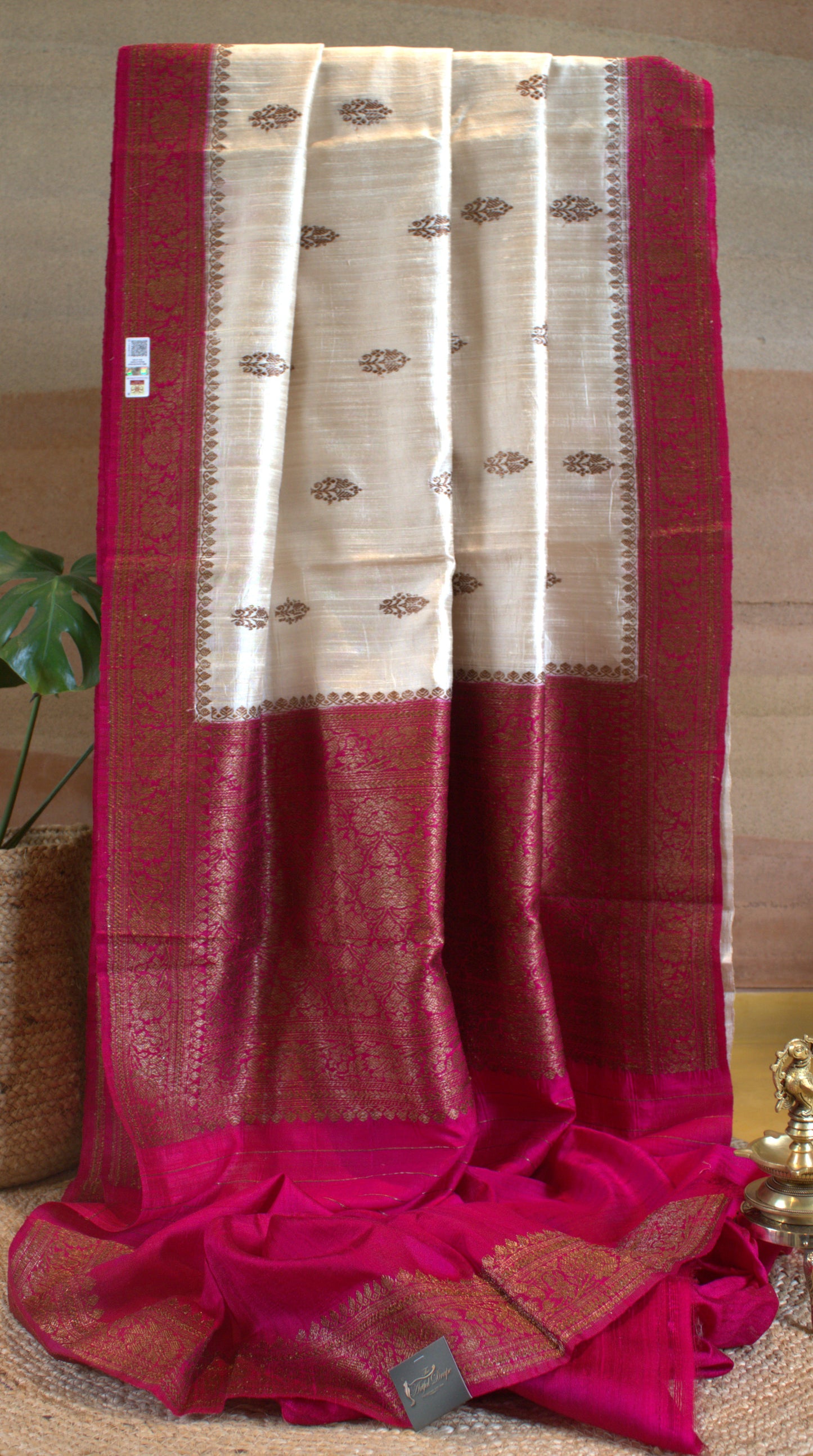 Off White/Ivory and Pink Pure Banarasi Raw Tussar Silk Saree