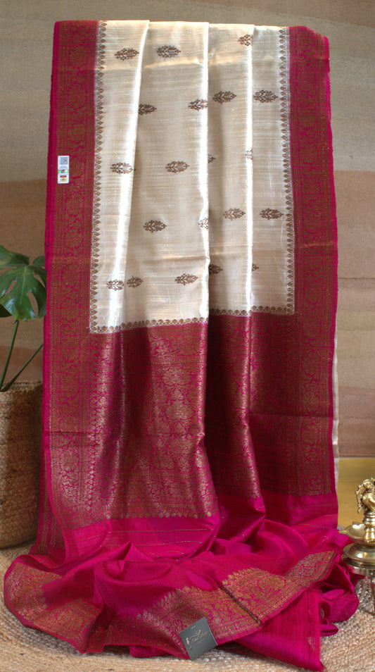 Off White/Ivory and Pink Pure Banarasi Raw Tussar Silk Saree