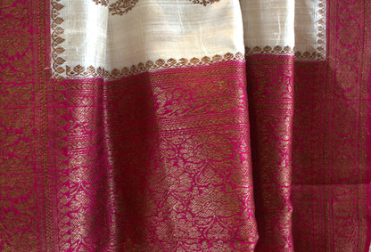 Off White/Ivory and Pink Pure Banarasi Raw Tussar Silk Saree
