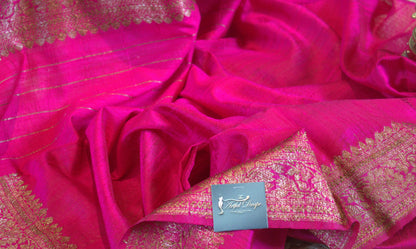 Off White/Ivory and Pink Pure Banarasi Raw Tussar Silk Saree