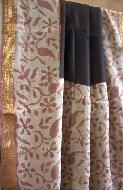 Maheshwari cotton Black saree with hand block printed zari border and contrast blouse
