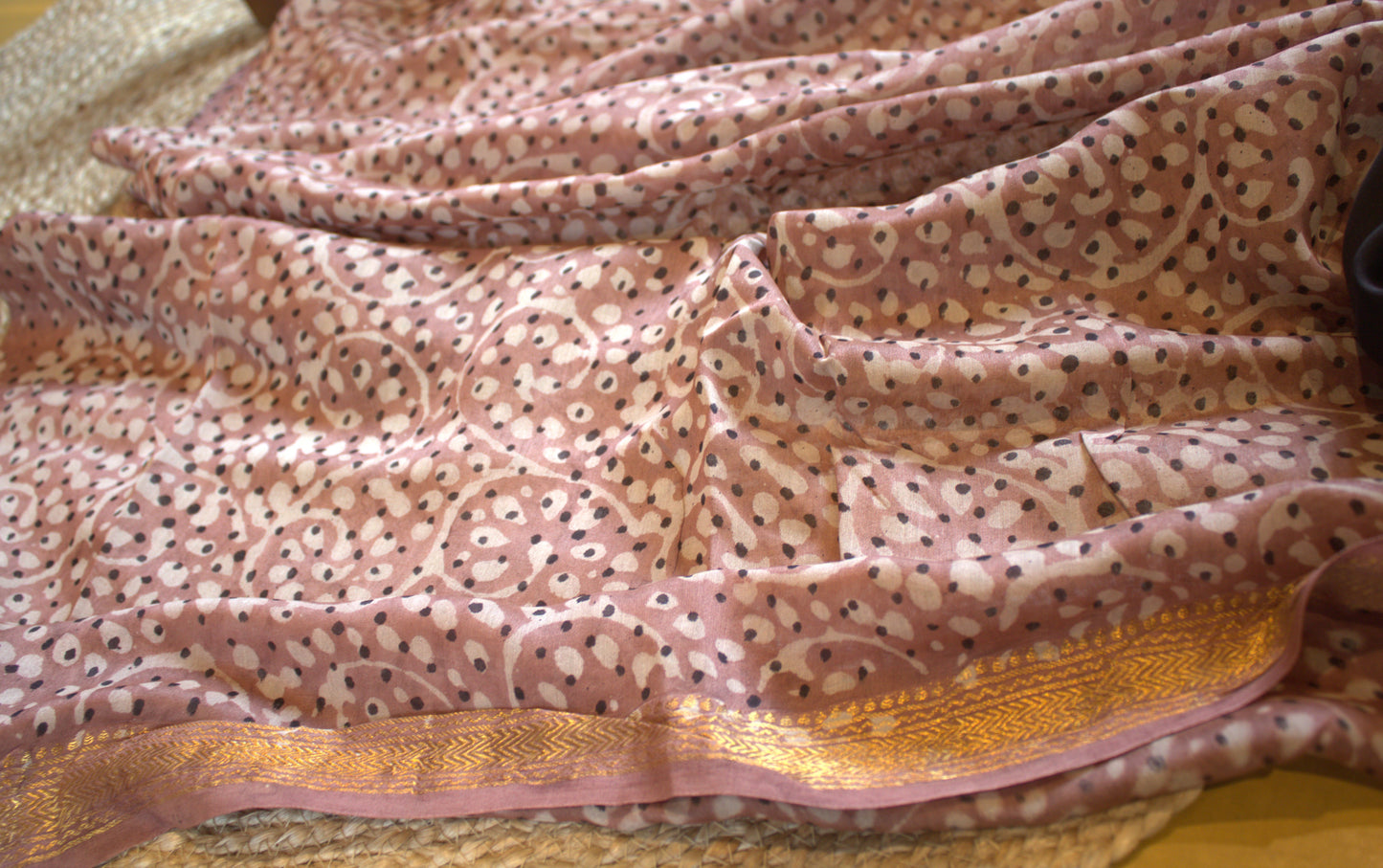 Maheshwari cotton Black saree with hand block printed zari border and contrast blouse