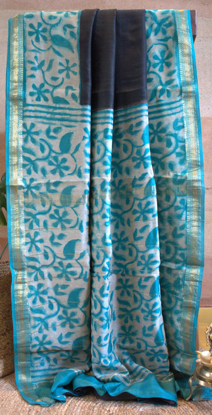 Maheshwari silk Black saree with hand block printed zari border and contrast blouse