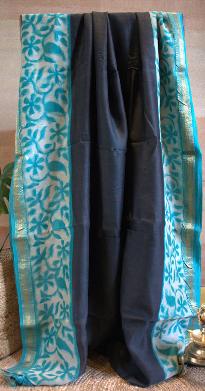 Maheshwari silk Black saree with hand block printed zari border and contrast blouse
