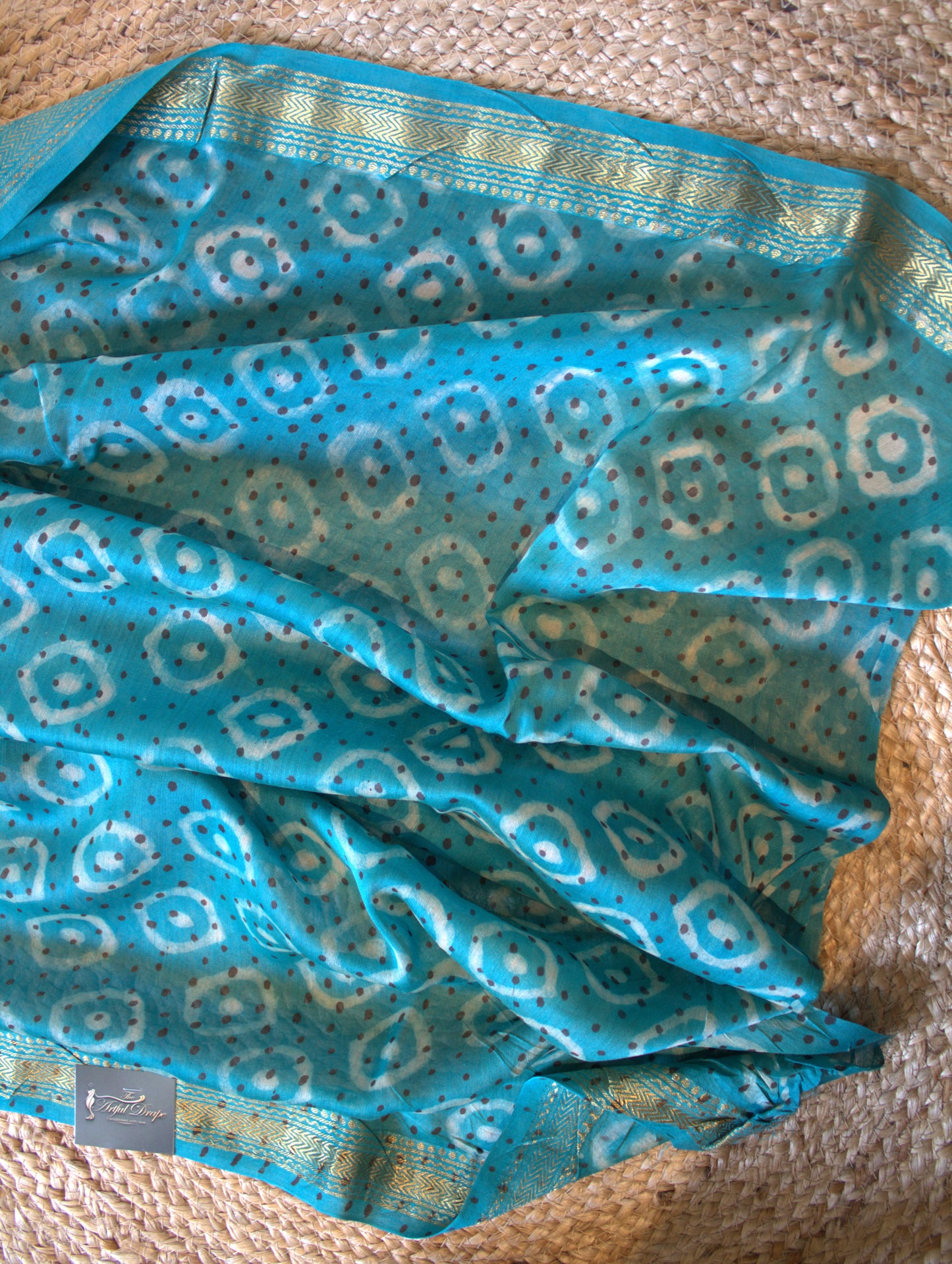 Maheshwari silk Black saree with hand block printed zari border and contrast blouse