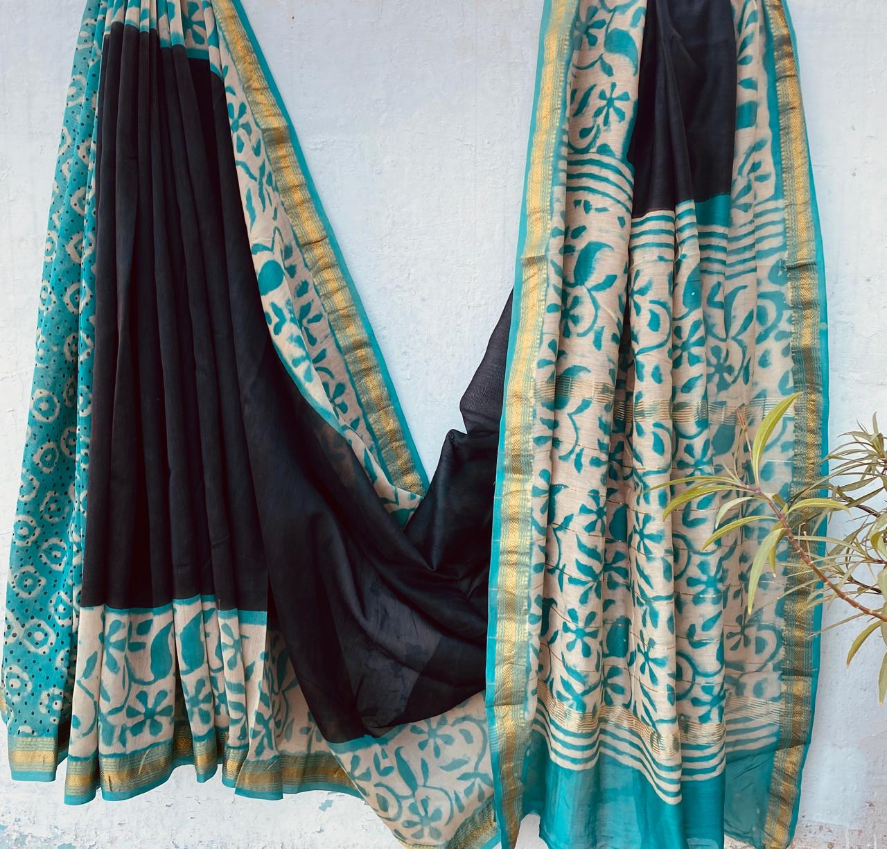 Maheshwari silk Black saree with hand block printed zari border and contrast blouse