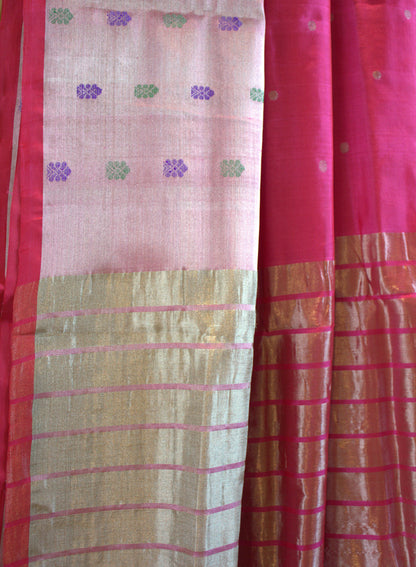 Pure Mangalgiri Pink silk cotton with butti border and running blouse
