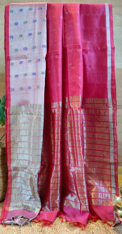 Pure Mangalgiri Pink silk cotton with butti border and running blouse