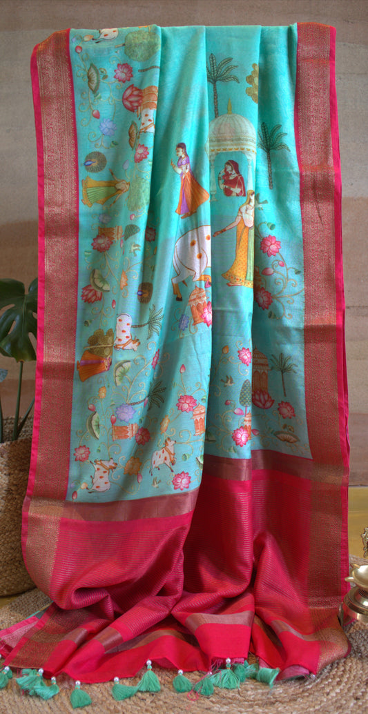 Chanderi Viscose Blue saree with Overall Pichwai print and contrast blouse