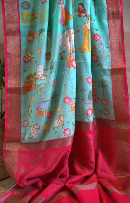 Chanderi Viscose Blue saree with Overall Pichwai print and contrast blouse