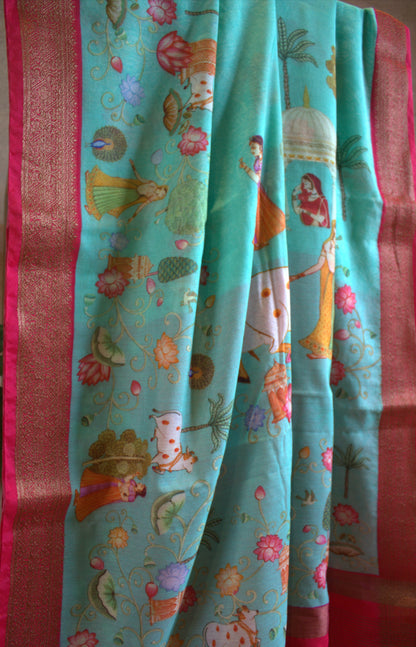 Chanderi Viscose Blue saree with Overall Pichwai print and contrast blouse