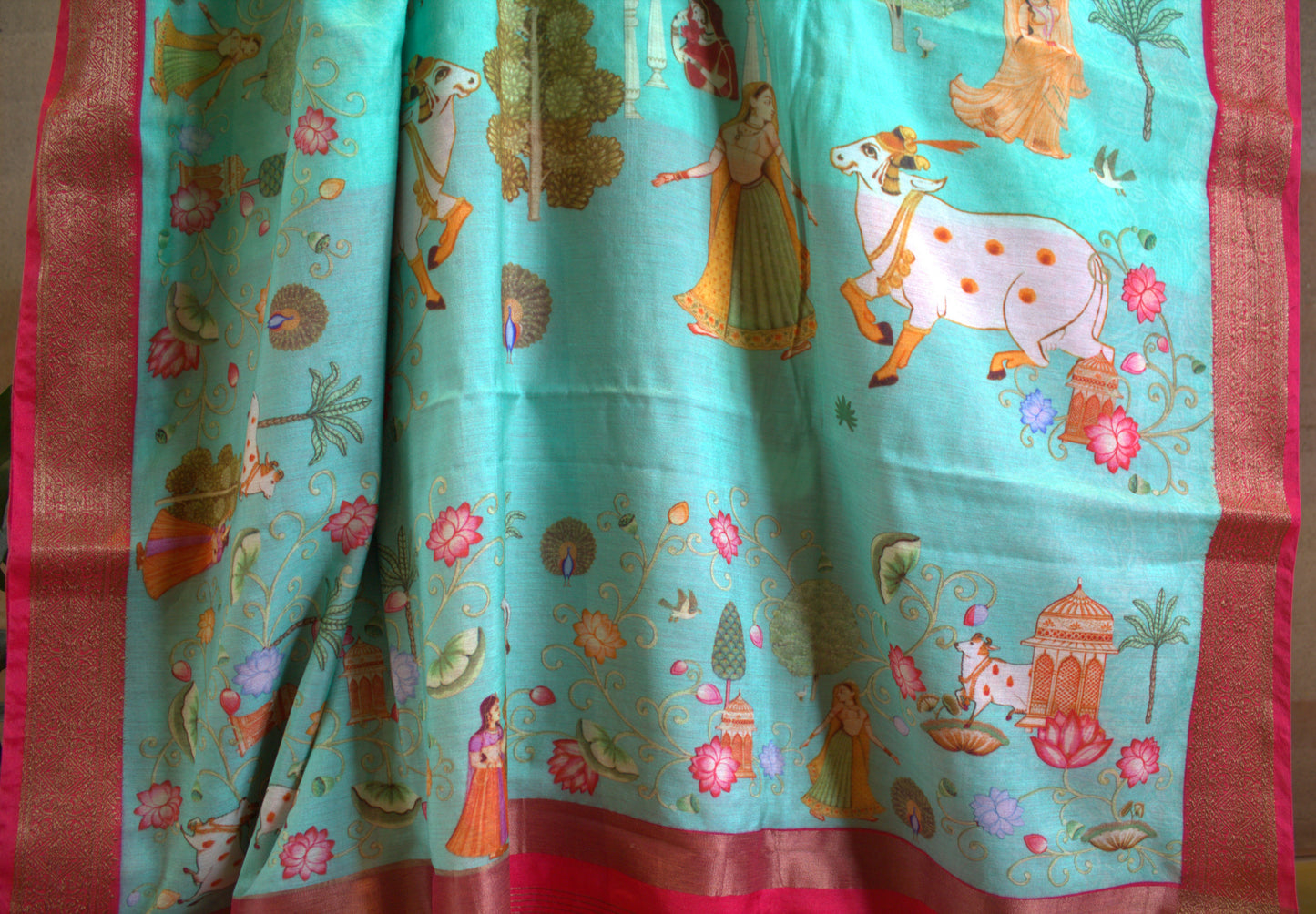 Chanderi Viscose Blue saree with Overall Pichwai print and contrast blouse