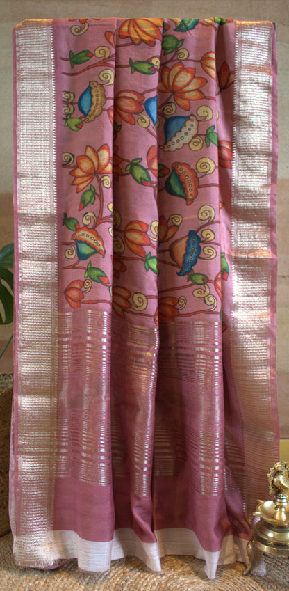 Chanderi Assami print Pink saree with overall print and printed blouse