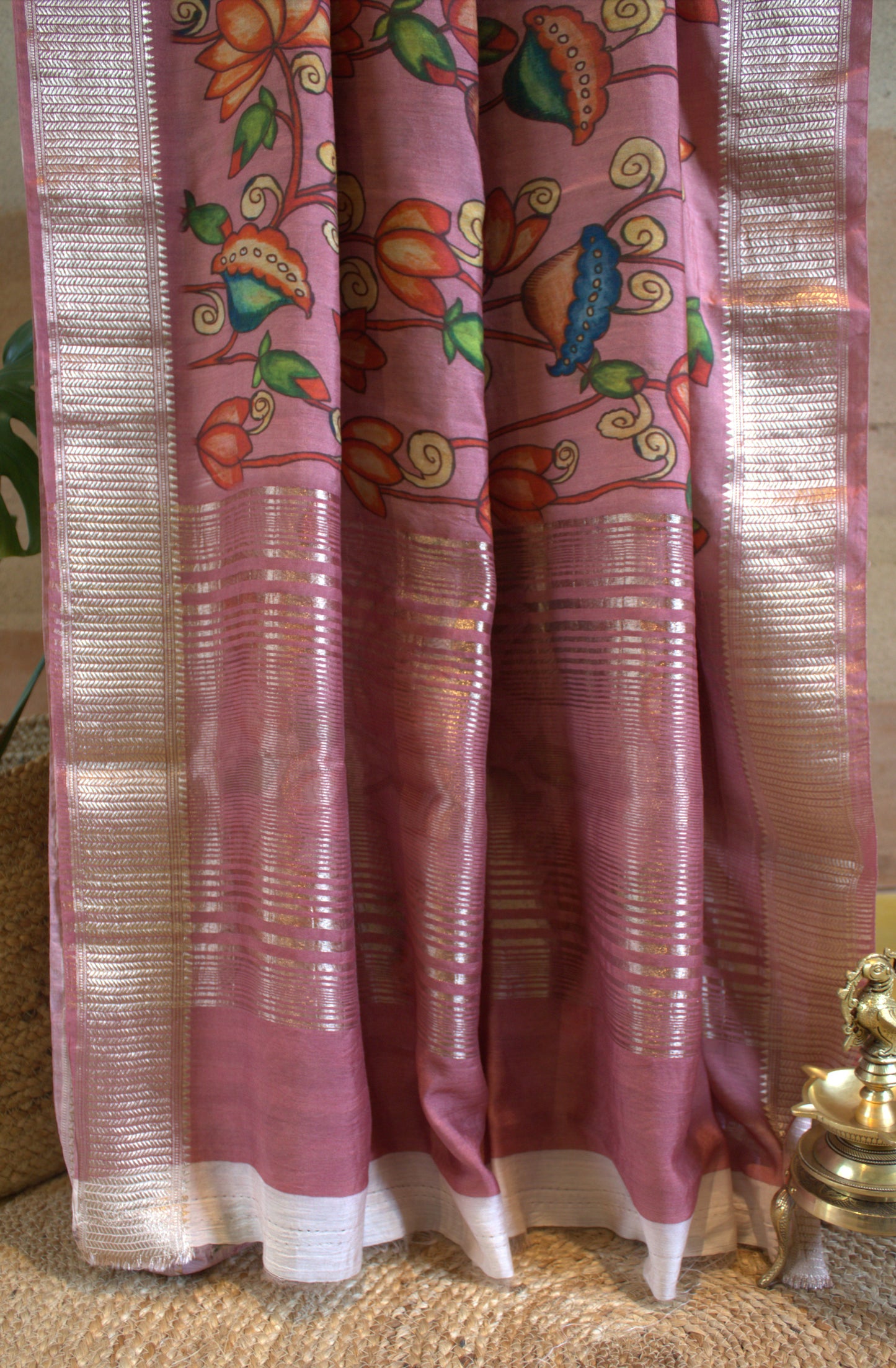 Chanderi Assami print Pink saree with overall print and printed blouse