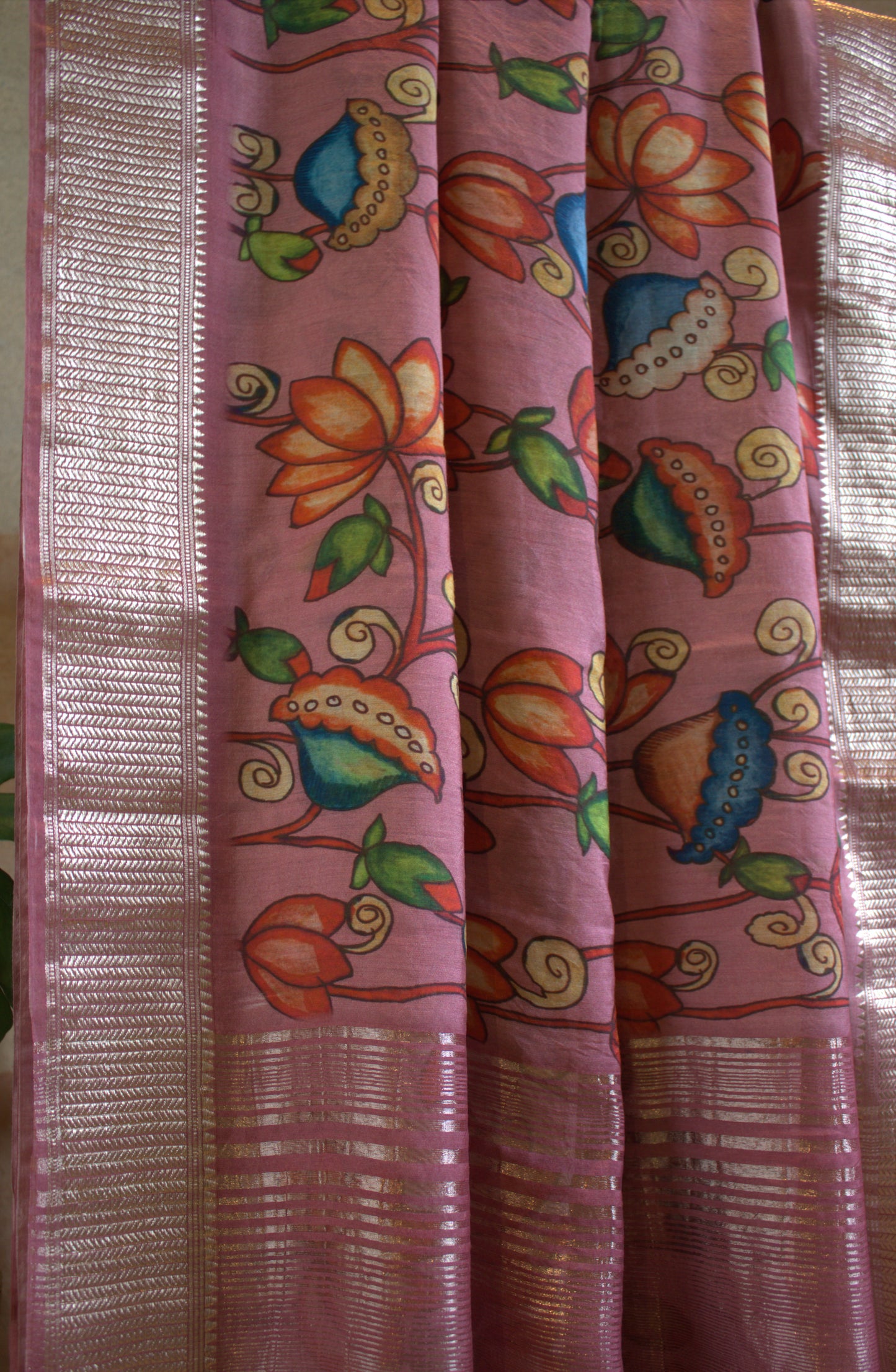 Chanderi Assami print Pink saree with overall print and printed blouse